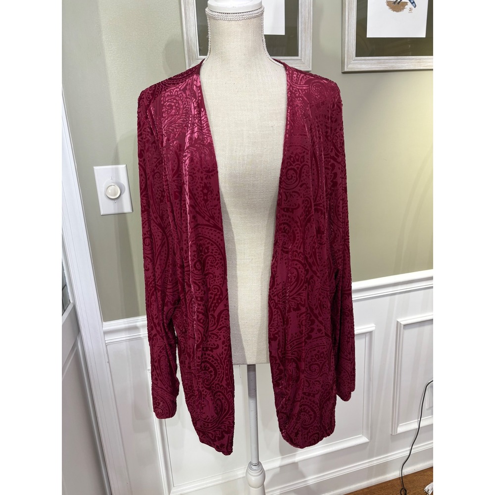 Torrid Burgundy Burnout Velvet Paisley Open Front Cardigan Pockets Size 4 4X